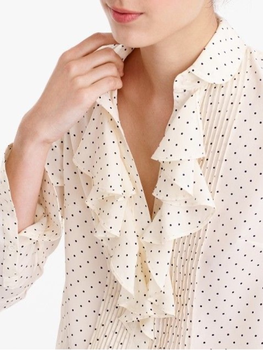 J. Crew Tuxedo Ruffle Top Shirt in Polka Dot Silk Georgette 00